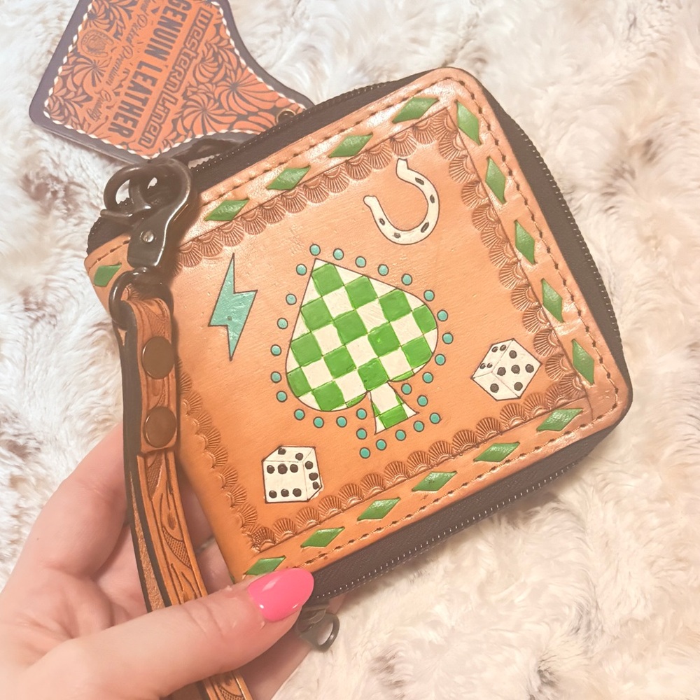 Hand-Painted Leather Zip Card & Key Holder - Tan with Green Accents